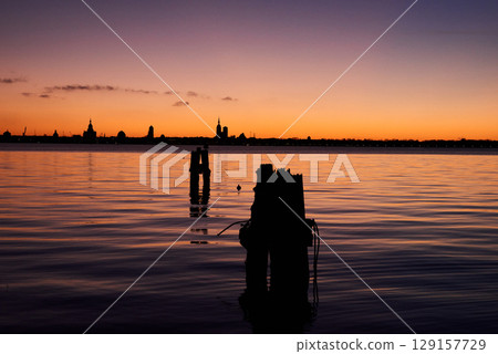 Hanse city Stralsund silhouette in the evening 129157729