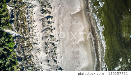 topdown drone view of a baltic sandy beach 129157731