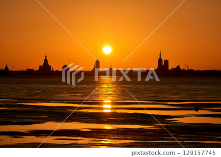 Hanse city Stralsund silhouette in the evening 129157745