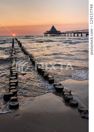 pier of Heringsdorf on German isle of Usedom in sunrise light pier of Heringsdorf on German isle of Usedom in sunrise light 129157749