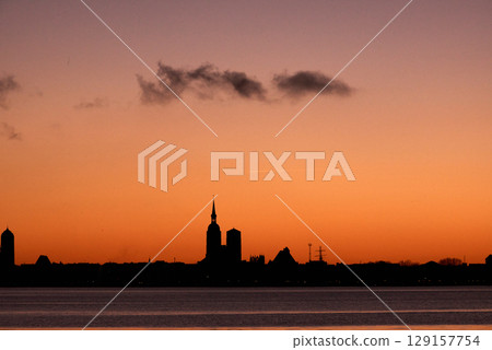 Hanse city Stralsund silhouette in the evening 129157754