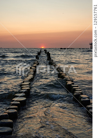 pier of Heringsdorf on German isle of Usedom in sunrise light 129157761