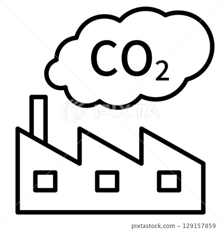 A simple line drawing icon of CO2 (carbon dioxide) emitted from a factory 129157859