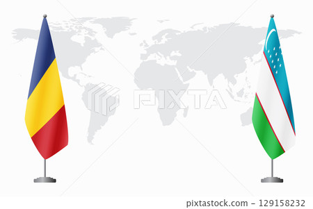 Romania and Uzbekistan flags for official meeting 129158232