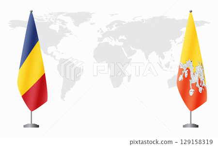 Romania and Bhutan flags for official meeting Romania and Bhutan flags for official meeting 129158319