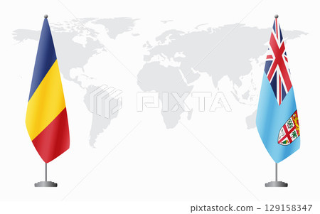 Romania and Fiji flags for official meeting 129158347