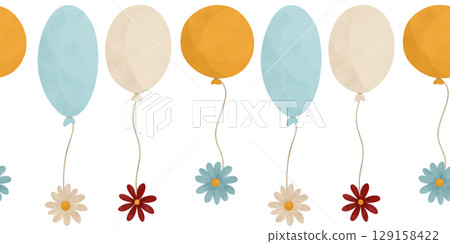 Seamless repeating border with balloons, simple flowers, watercolor composition, in autumn colors. For a festive apartment decoration in pastel shades 129158422