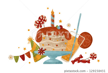 Festive watercolor composition in autumn colors: cupcake, candle, sweets, garland, confetti For design in printing, children's prints, and decorations 129158431