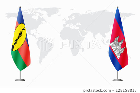 New Caledonia and Cambodia flags for official meeting 129158815
