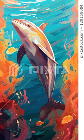 A sleek dolphin glides effortlessly in clear waters, surrounded by vibrant coral and small fish. Sunlight filters through, creating a serene and colorful underwater environment. 129159084
