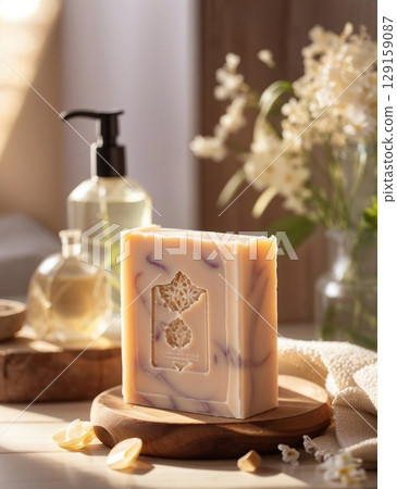 Organic handmade soap in a home environment with beautiful light. 129159087