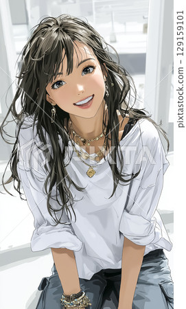 一位微笑的年輕女子鞠躬問候的插圖素材 129159101