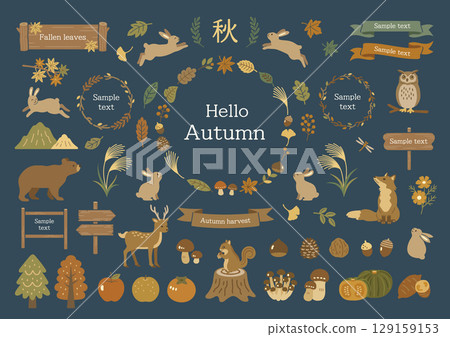 Autumn leaves and forest animals illustration set 129159153