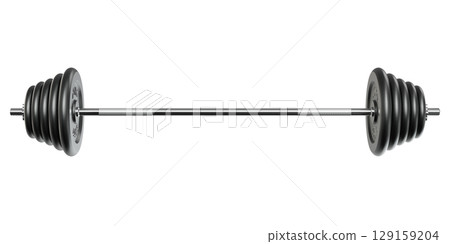 Cast Iron Adjustable Barbell with plates, weightlifting gym equipment, side view 129159204