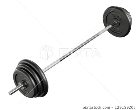 Cast Iron Adjustable Barbell with plates, weightlifting gym equipment, side view 129159205