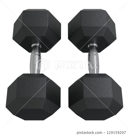 Blank Two Hex Dumbbells, weightlifting gym equipment top view Blank Two Hex Dumbbells, weightlifting gym equipment top view 129159207