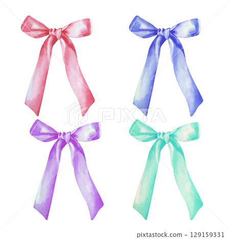 A set of colorful bows, hand-drawn in watercolor. The illustration of the festive decor is highlighted on a white background. An element for postcards, invitations, and greetings. 129159331