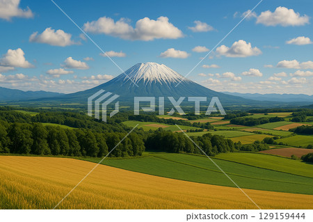 Snow-capped Mt. Yotei and wheat fields 129159444