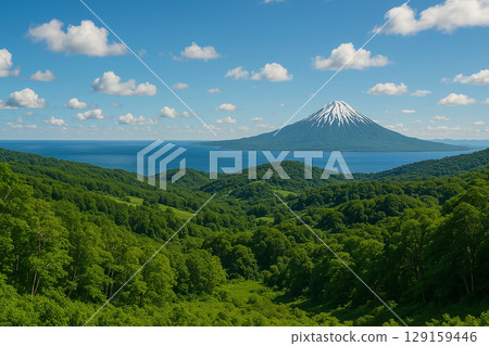 Beautiful views of snow-capped mountains and the Pacific Ocean 129159446