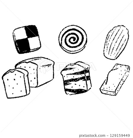 Simple and cute line drawings of baked goods 129159449