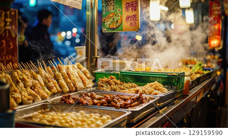The passionate food stall scene at a Taiwanese night market 129159590