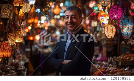 Mosaic lamps and the warm smile of the male shop owner 129159591