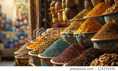 Colorful spices on display in a Moroccan souk Colorful spices on display in a Moroccan souk 129159593