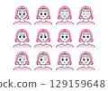 具有各種面部表情的女性插圖集 129159648