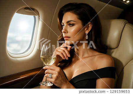 Glamorous Woman with Diamond Ring on Private Jet Holding Wine Glass 129159653