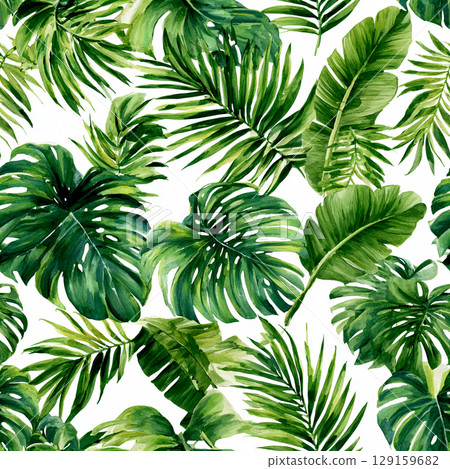 Seamless Tropical Watercolor Pattern with Monstera, Banana Leaves, and Palm Fronds 129159682