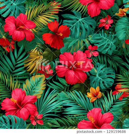 Vibrant Tropical Floral Pattern with Hibiscus and Monstera Leaves 129159686