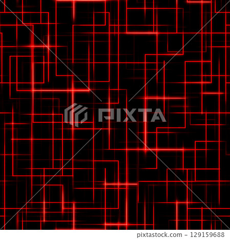 Vibrant and futuristic seamless pattern featuring an abstract geometric design composed of glowing neon red lines 129159688
