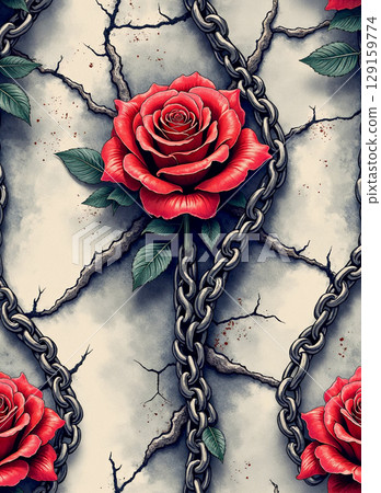 A dark, romantic illustration in a gothic tattoo art style. A detailed red rose is bound by steel chains against a broken, grunge stone wall. Perfect for rock or punk themes. 129159774