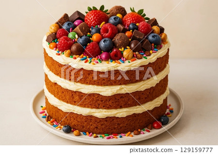 Delicious Cake Loaded with Various Toppings 129159777