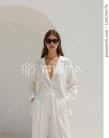 Stylish Woman in White Suit and Sunglasses Outdoors 129159778