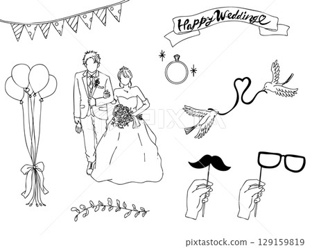Stylish wedding line icon set, wedding invitation design, illustration 129159819