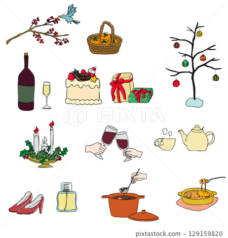 Stylish Christmas party icon set, sticker, label design, illustration Stylish Christmas party icon set, sticker, label design, illustration 129159820