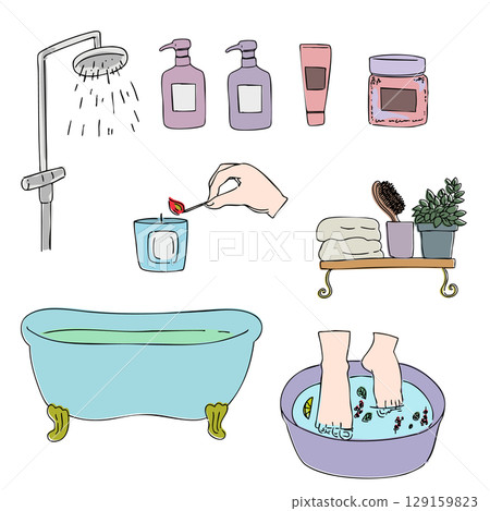 Stylish bath accessory icon set, bathroom, relaxation, label, illustration 129159823
