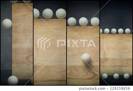 Abstract collage with white balls and a wooden board 129159859