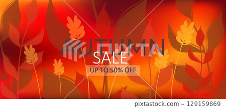 Autumn horizontal background with abstract autumn leaves. Bright autumn texture. Minimalistic design template for sales, horizontal poster, header, fashion advertising, decor Autumn horizontal background with abstract autumn leaves. Bright autumn texture. Minimalistic design template for sales, horizontal poster, header, fashion advertising, decor 129159869