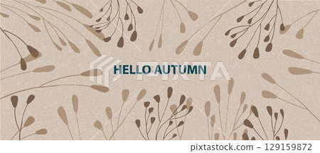 Autumn horizontal background with abstract fall leaves, twigs. Autumn minimalist design template for sales, horizontal poster, header, fashion ad, decor. Vector 129159872