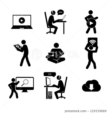 Set of stick figures internet technologies, flat vector illustration. 129159889