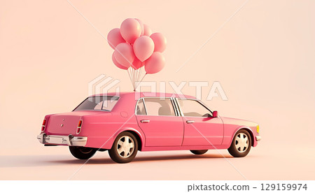 Retro pink car with bunch of pink balloons tied to roof, vintage style vehicle on pastel background, playful and whimsical transportation concept 129159974