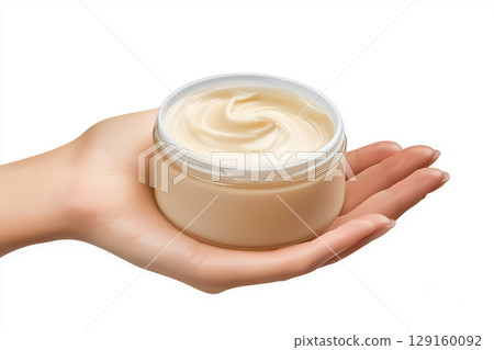 open jar with face cream in a woman's hand 129160092
