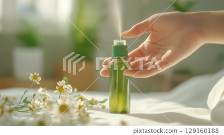 Hand spraying green bottle with chamomile flowers on soft background Hand spraying green bottle with chamomile flowers on soft background 129160188