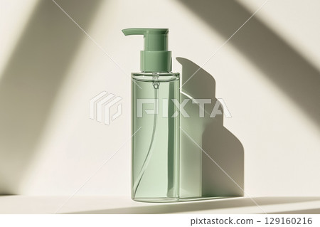 Minimalist skincare product bottle standing upright with a soft shadow on a clean white background 129160216