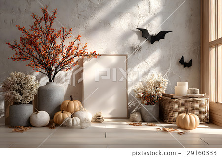 Minimal mockup of a blank Halloween sale poster surrounded by festive decorations. Ideal for advertisements and seasonal promotions. 129160333