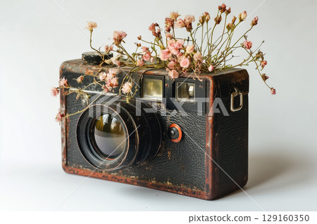 A vintage camera with a bouquet of small flowers emerging from the lens, resting on a white surface, creative contrast 129160350