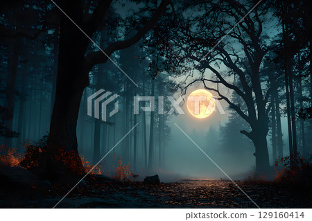 Mysterious Halloween scene with haunted house and moonlight. Designed with open space for text or product placement. 129160414