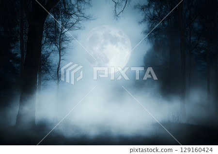 Mysterious Halloween scene with haunted house and moonlight. Designed with open space for text or product placement. 129160424